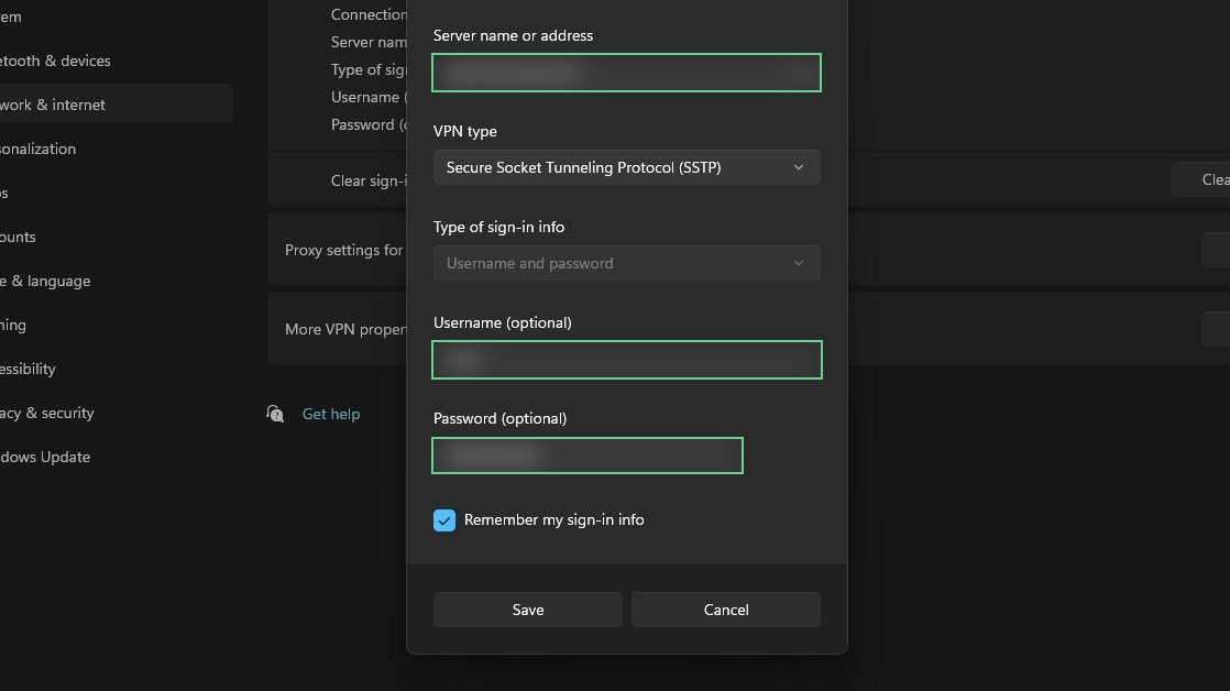 Windows VPN SSTP profile screenshot
